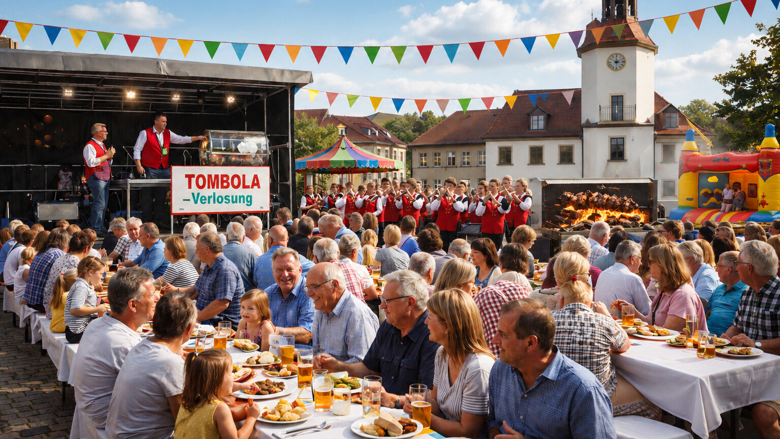 Essen an der Langen Tafel zur Mutzbraten-Meisterschaft. Bild: KI