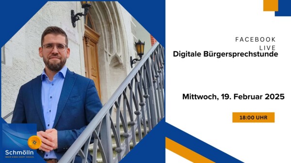 Bürgermeister Sven Schrade steht auf der Rathaustreppe und blickt den Betrachter des Bildes an. Daneben stehen die Eckdaten zur Veranstaltung mit Datum und Uhrzeit.
