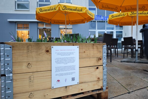 Safran-Kasten vor der Bäckerei Sternenbäck Safran-Kasten mit angebrachten Informationsschildern vor der Bäckerei Sternenbäck