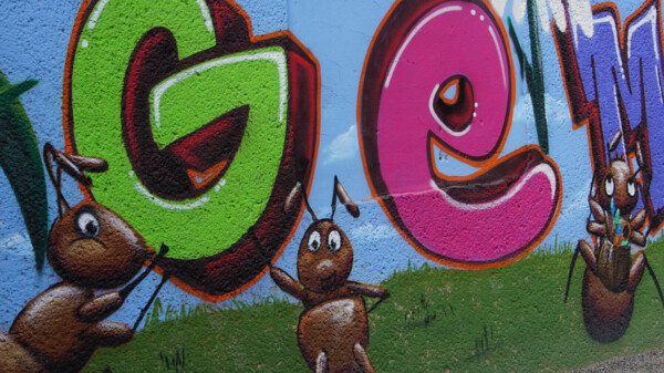 Graffitti an der Grundschule Altkirchen mit bunten Buchstaben und großen Ameisen auf einer Wiese
