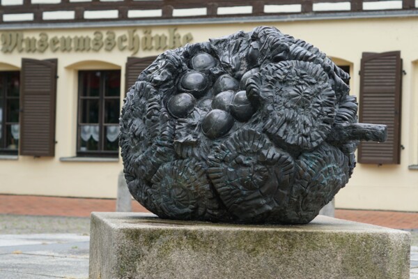 Steinnussfrucht-Skulptur vor dem Knopf- und Regionalmuseum